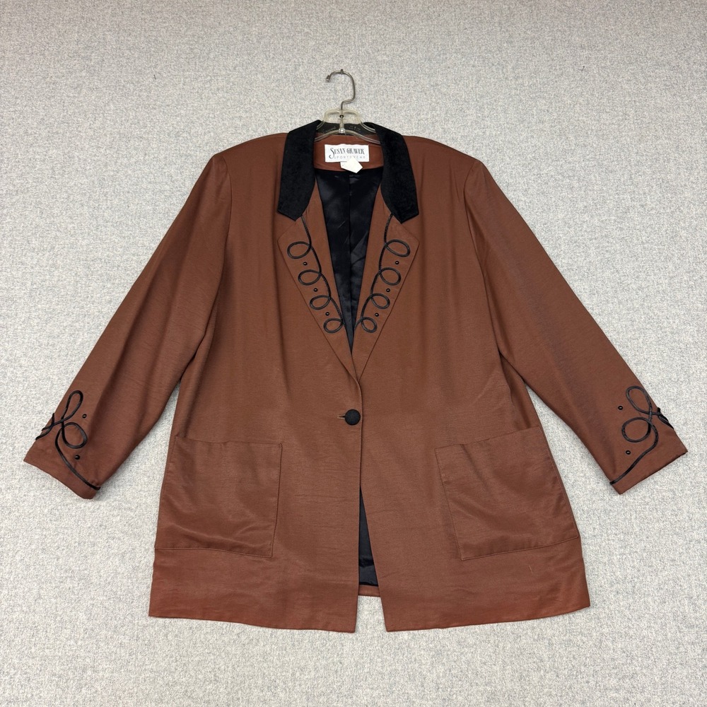 Susan Graver Blazer Jacket Large 14/16 Brown Soutache Embroidered Beaded Vintage